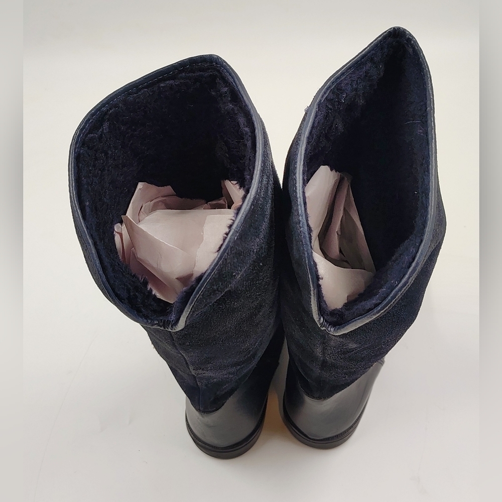 Navy Black Leather Suede Winter Women's Boots Sz 36 w/ Appique - Picture 12 of 15